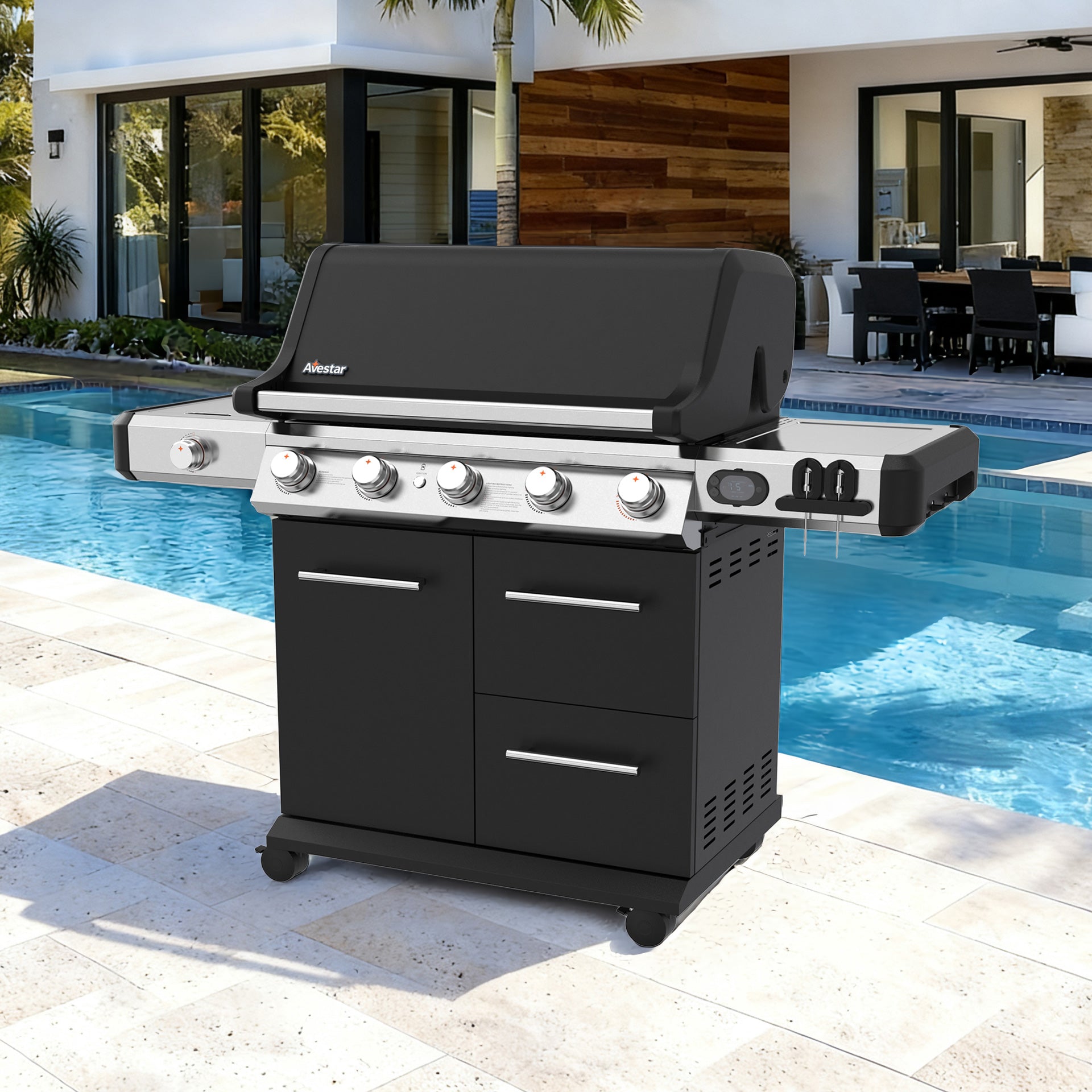 PRO26501 | 5-Burner Gas Grill with Side Burner & Smart Thermometer, 74,000 BTU Outdoor BBQ Grill
